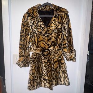 Vintage ocelot / leopard animal Print Faux Fur Trench Coat